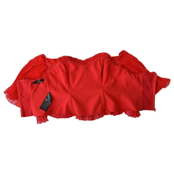Guess Bright Red Micro Pleated Chiffon Off Shoulder Crop Top Blouse Size Large - Picture 6 of 7